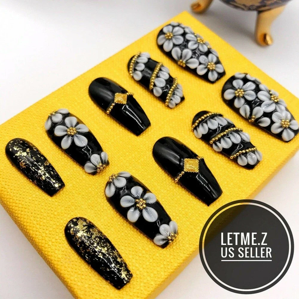 Press on‎ Nails Glue On Long Coffin 3D Black Gold